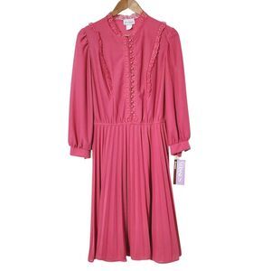 VTG Victorian Prairie Midi dress Size L Pink Lace Bodice Tradwife Pleated NWT